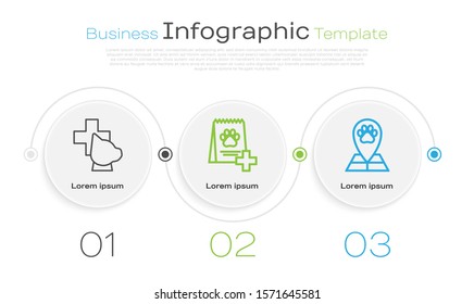 Set line Veterinary clinic symbol, Bag of food for dog and Map pointer with veterinary medicine hospital. Business infographic template. Vector