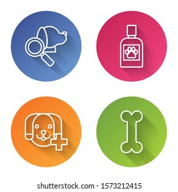 Set line Veterinary clinic symbol, Dog medicine bottle, Veterinary clinic symbol and Dog bone. Color circle button. Vector