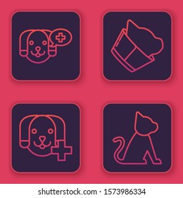 Set line Veterinary clinic symbol, Veterinary clinic symbol, Veterinary clinic symbol and Cat. Blue square button. Vector