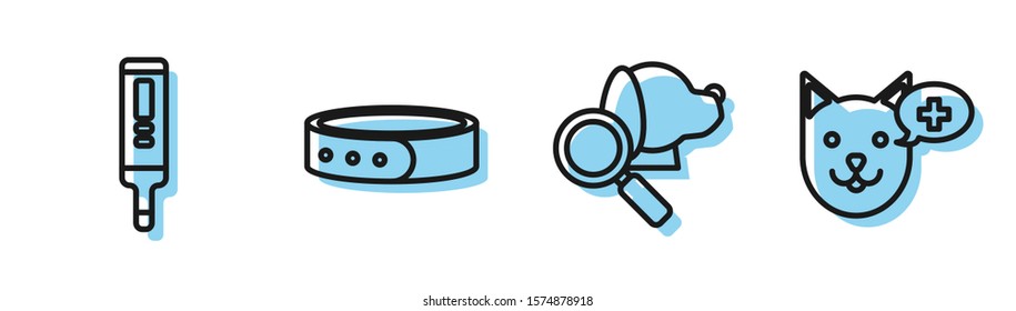 Set line Veterinary clinic symbol, Medical digital thermometer, Collar with name tag and Veterinary clinic symbol icon. Vector