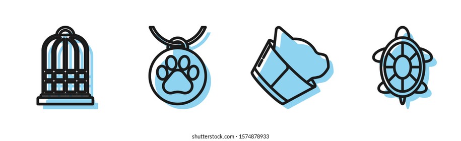 Set line Veterinary clinic symbol, Cage for birds, Collar with name tag and Turtle icon. Vector