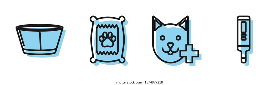 Set line Veterinary clinic symbol, Protective cone collar, Bag of food for dog and Medical digital thermometer icon. Vector