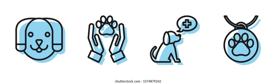 Set line Veterinary clinic symbol, Dog, Hands with animals footprint and Collar with name tag icon. Vector