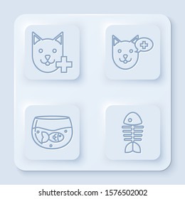 Set line Veterinary clinic symbol, Veterinary clinic symbol, Aquarium with fish and Fish skeleton. White square button. Vector