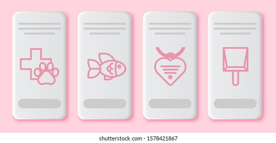 Set line Veterinary clinic symbol, Fish, Collar with name tag and heart and Dustpan. White rectangle button. Vector