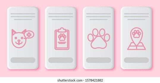 Set line Veterinary clinic symbol, Clipboard with medical clinical record pet, Paw print and Map pointer with veterinary medicine hospital. White rectangle button. Vector