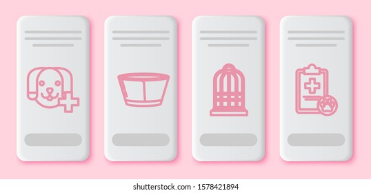 Set line Veterinary clinic symbol, Protective cone collar, Cage for birds and Clipboard with medical clinical record pet. White rectangle button. Vector