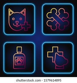 Set line Veterinary clinic symbol, Dog medicine bottle, Veterinary clinic symbol and Crossed bones. Gradient color icons. Vector