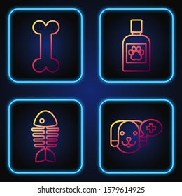 Set line Veterinary clinic symbol, Fish skeleton, Dog bone and Dog medicine bottle. Gradient color icons. Vector