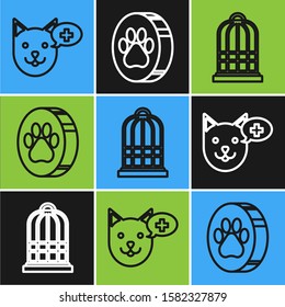 Set line Veterinary clinic symbol, Cage for birds and Paw print icon. Vector