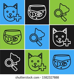 Set line Veterinary clinic symbol, Veterinary clinic symbol and Aquarium with fish icon. Vector