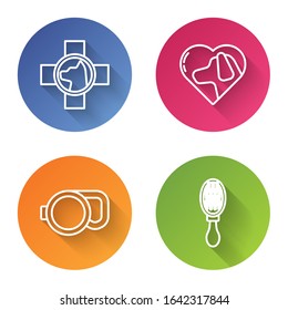 Set line Veterinary clinic symbol, Heart with dog, Retractable cord leash and Hair brush for dog and cat. Color circle button. Vector