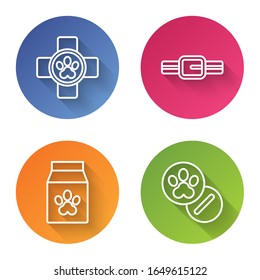 Set line Veterinary clinic symbol, Collar with name tag, Bag of food for pet and Dog and pills. Color circle button. Vector