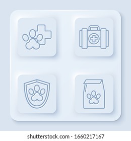 Set line Veterinary clinic symbol, Pet first aid kit, Animal health insurance and Bag of food for pet. White square button. Vector