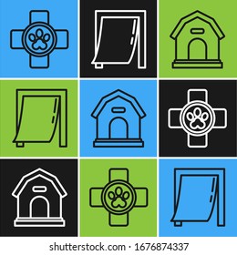 Set line Veterinary clinic symbol, Dog house and Door for pet icon. Vector