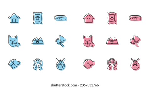 Set line Veterinary clinic symbol, Hands with animals footprint, Dog house, Collar name tag, Pet food bowl for cat or dog,  and Bag of icon. Vector