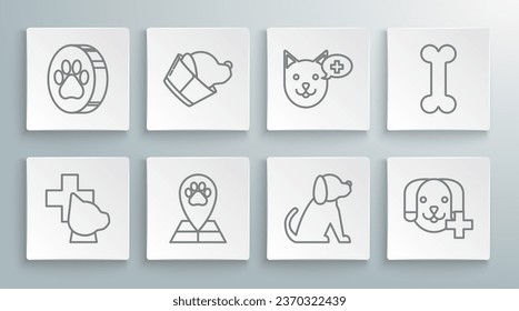 Set line Veterinary clinic symbol, Map pointer with veterinary medicine hospital, Dog, bone and Paw print icon. Vector