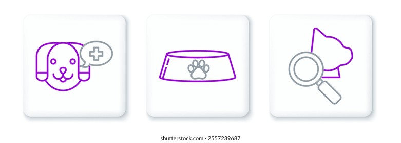 Set line Veterinary clinic symbol,  and Pet food bowl for cat or dog icon. Vector
