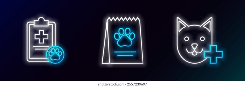 Set line Veterinary clinic symbol, Clipboard with medical clinical record pet and Bag of food for dog icon. Glowing neon. Vector