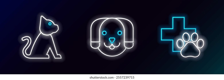 Set line Veterinary clinic symbol, Cat and Dog icon. Glowing neon. Vector