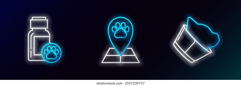 Set line Veterinary clinic symbol, Dog medicine bottle and Map pointer with veterinary hospital icon. Glowing neon. Vector