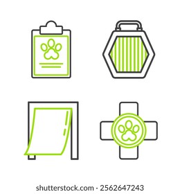 Set line Veterinary clinic symbol, Door for pet, Pet carry case and Clipboard with medical clinical record icon. Vector