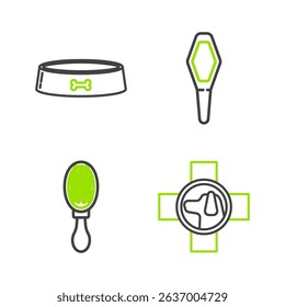 Set line Veterinary clinic symbol, Hair brush for dog and cat, Pets vial medical and food bowl icon. Vector