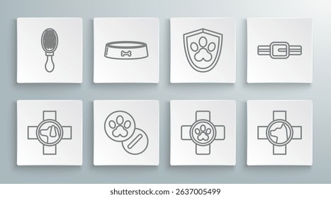 Set line Veterinary clinic symbol, Pet food bowl, Dog and pills, Animal health insurance, Collar with name tag and Hair brush for dog cat icon. Vector