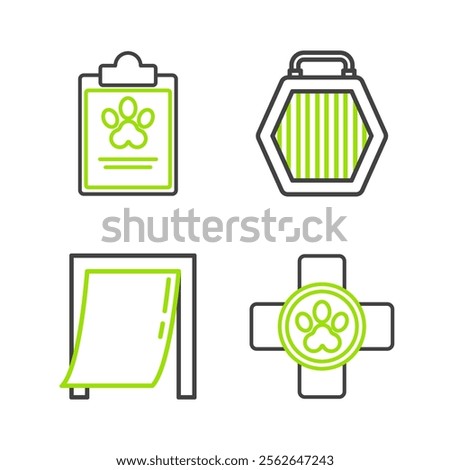 Set line Veterinary clinic symbol, Door for pet, Pet carry case and Clipboard with medical clinical record icon. Vector
