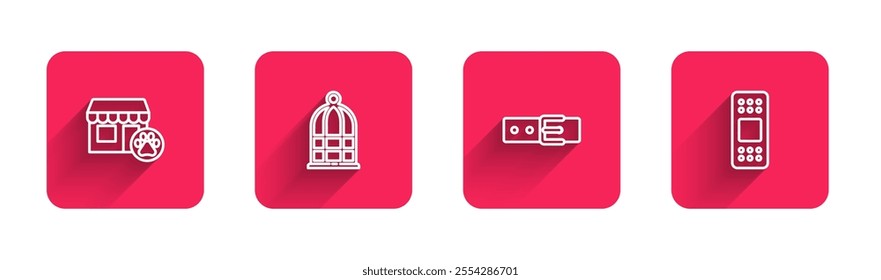 Set line Veterinary hospital, Cage for birds, Collar with name tag and Bandage plaster with long shadow. Red square button. Vector