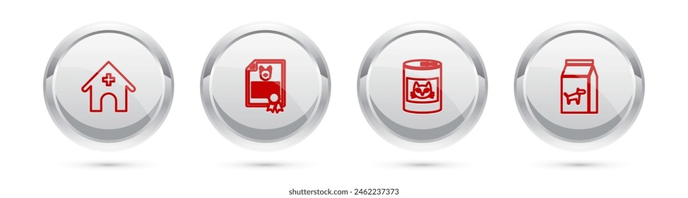 Set line Veterinary medicine hospital, Certificate for dog or cat, Canned food and Bag of. Silver circle button. Vector