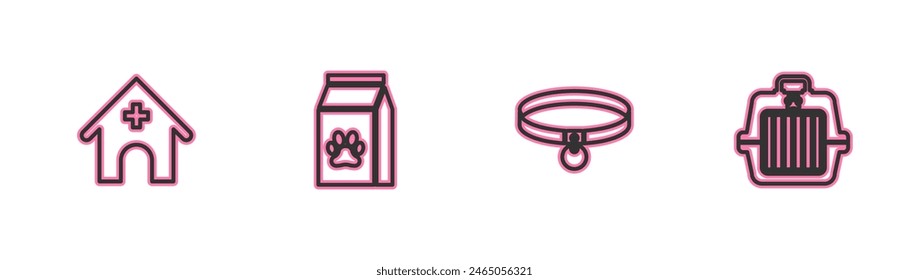 Set line Veterinary medicine hospital, Collar, Bag of food for pet and Pet carry case icon. Vector