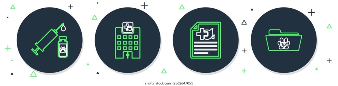 Set line Veterinary medicine hospital, Medical certificate for dog or cat, Syringe with pet vaccine and veterinary record folder icon. Vector