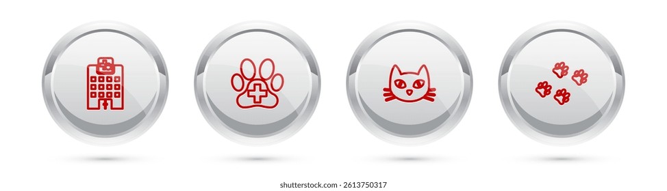 Set line Veterinary medicine hospital, clinic, Cat and Paw print. Silver circle button. Vector