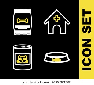 Set line Veterinary medicine hospital, Pet food bowl, Canned for cat and Bag of pet icon. Vector