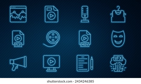 Set line VFX, Comedy theatrical mask, Microphone, Film reel, FLV file document, Music wave equalizer, MOV and AVI icon. Vector