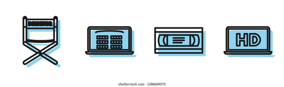 Set line VHS video cassette tape , Director movie chair , Buy cinema ticket online  and Laptop screen with HD video technology  icon. Vector