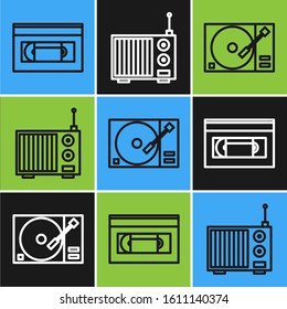 Set line VHS video cassette tape, Vinyl player with a vinyl disk and Radio with antenna icon. Vector
