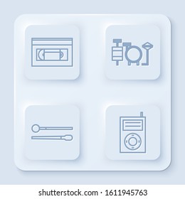 Set line VHS video cassette tape, Drums, Drum sticks and Music MP3 player. White square button. Vector
