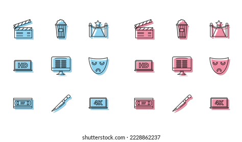 Set line VHS video cassette tape, Knife, Movie clapper, Laptop screen with 4k technology, Buy cinema ticket online, Drama theatrical mask, HD and Popcorn cardboard box icon. Vector