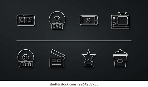 Set line VHS video cassette tape, CD or DVD disk, Retro tv, Movie trophy, clapper, Popcorn in box and Online play icon. Vector