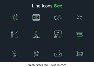 Fijar línea VHS cinta de vídeo, silla de cine, ciencia ficción, trofeo de película, botón Grabar, auditorio con pantalla e icono de barrera de Rope. Vector