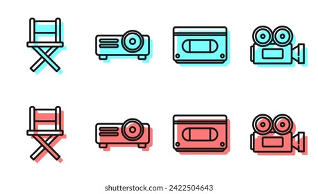 Set line VHS video cassette tape, Director movie chair, Movie, film, media projector and Cinema camera icon. Vector