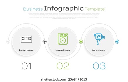 Set line VHS video cassette tape, Floppy disk and Retro cinema camera. Business infographic template. Vector