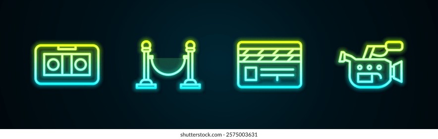 Set line VHS video cassette tape, Rope barrier, Movie clapper and Cinema camera. Glowing neon icon. Vector