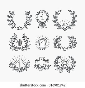 Set of line victory symbols and laurel wreaths. Isolated hipster style winner objects