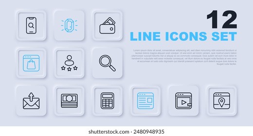 Set line Video advertising, Infographic of city map, Consumer product rating, Advertising, Online shopping screen, Stacks paper money cash, Diamond and Calculator icon. Vector