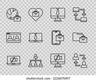 Set line Video camera Off on laptop, Project team base, chat conference, Hierarchy organogram chart, Online working, computer and  icon. Vector