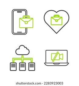 Ponga la cámara de vídeo en línea desconectada en el portátil, en línea de trabajo, corazón con texto e icono de Freelancer. Vector