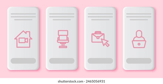 Set line Video camera Off in home, Office chair, Online working and Freelancer. White rectangle button. Vector